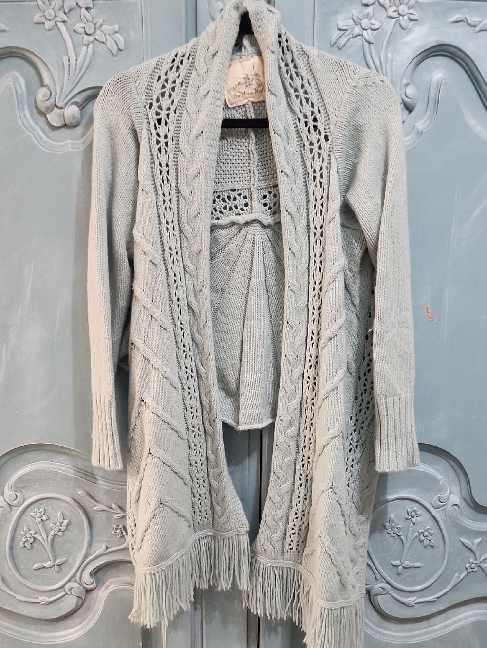 Angel Of The North Light Green Open-Front Knit Cardigan with Fringe
